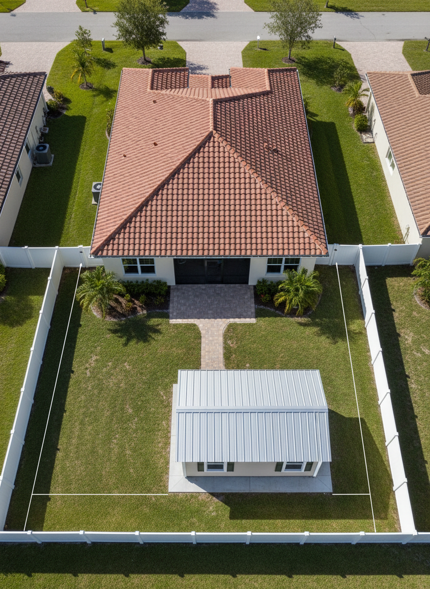 An overhead, bird’s-eye view of a suburban Sarasota backyard showing a neat primary home and, in one corner, a newly converted shed ADU on a proper foundation with clearly visible setbacks from the fence lines. The ADU has a light-colored metal roof, hurricane-rated windows, and a small paved path connecting it to the main house’s patio. Overhead sunlight creates crisp, defined shadows that clarify building footprints and property boundaries. Photographic realism with sharp focus and a planning-oriented composition, almost like a high-resolution drone shot. The mood is informative and organized, perfect for explaining zoning, setbacks, and how a shed conversion fits correctly within a typical residential lot.