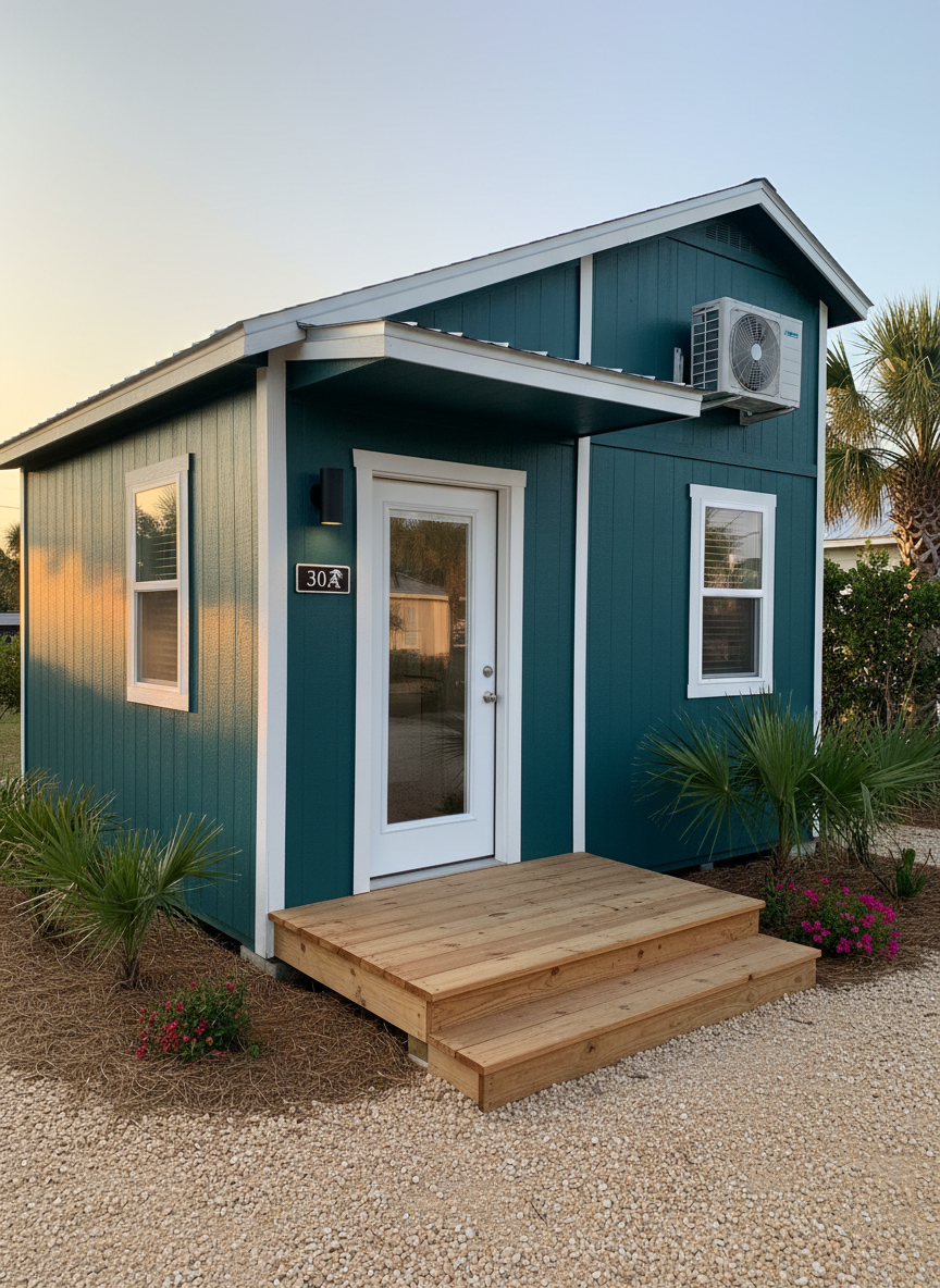 A small detached Airbnb-style guest suite created from a converted shed, with a compact front porch, natural wood steps, and a dark teal painted exterior contrasted by white trim and a modern black sconce by the door. A discrete mini-split unit is mounted high on one side, and a small, numbered plaque near the entrance subtly suggests short-term rental use. Warm golden-hour sunlight highlights the texture of the siding and the grain of the porch lumber. Photographic realism with an eye-level, three-quarter view composition using rule of thirds. The mood is welcoming and upscale yet efficient, ideal for illustrating income-generating shed conversions in coastal Florida.