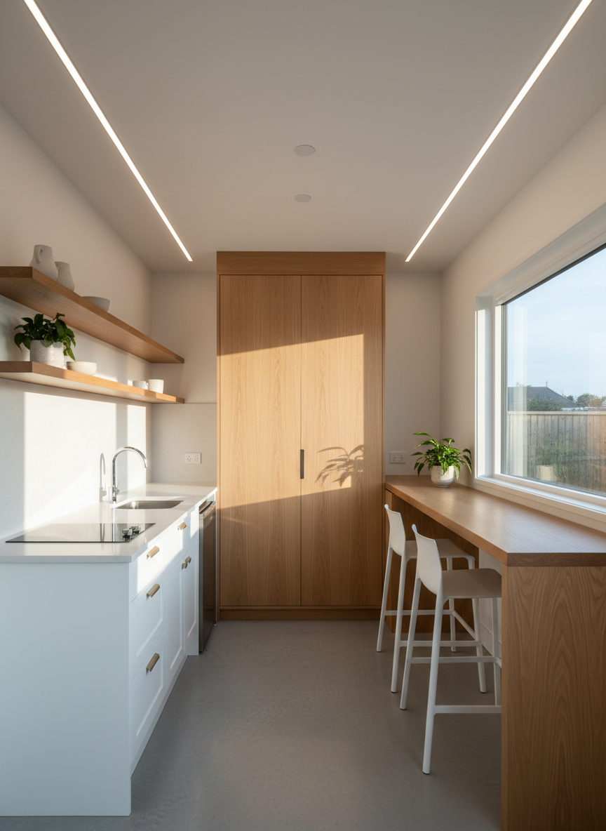 The interior of a high-end shed conversion studio, designed as a compact living space with a built-in Murphy bed cabinet closed against one wall, a small kitchenette with white shaker cabinets and a quartz countertop, and a narrow bar-height counter under a wide window. Recessed LED lighting softly illuminates the white ceiling, while indirect afternoon sunlight enters through the window, creating gentle reflections on the polished surfaces. Photographic realism with a wide-angle lens at eye level, showing the full depth of the room from entry to back wall. The mood is efficient, bright, and contemporary, ideal for demonstrating how to maximize square footage inside a permitted shed ADU.