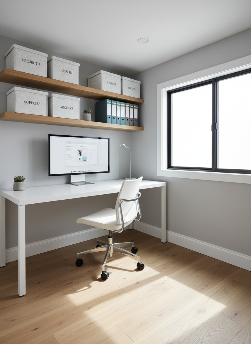 The interior of a converted shed home office, featuring a built-in white desk against one wall, a wall-mounted monitor, and sleek floating shelves with organized storage boxes and reference binders. Smooth luxury vinyl plank flooring in a light oak tone runs the length of the room, meeting freshly painted soft-gray walls with crisp white trim. A wide, energy-efficient window lets in bright but diffused daylight, creating soft shadows along the baseboards. Photographic realism, captured from a slightly elevated corner angle to show the entire layout. The mood is calm, efficient, and professional, with a clutter-free, modern workspace that clearly communicates the potential of shed-to-office conversions.