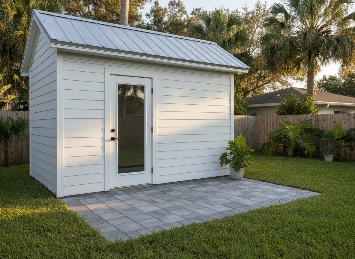 A freshly converted backyard shed transformed into a compact accessory dwelling unit, with smooth white fiber-cement siding, a light metal roof, and a clean glass front door with black hardware. The structure sits neatly on a level paver pad, surrounded by well-trimmed St. Augustine grass and a few low-maintenance tropical plants. Soft late-afternoon Florida sunlight filters through palm fronds, casting gentle shadows across the walls and doorway. Photographic realism with a clean, modern aesthetic, shot at eye level with sharp focus throughout the frame. The mood is professional, inviting, and practical, emphasizing a well-executed shed conversion ideal for a Sarasota neighborhood setting.