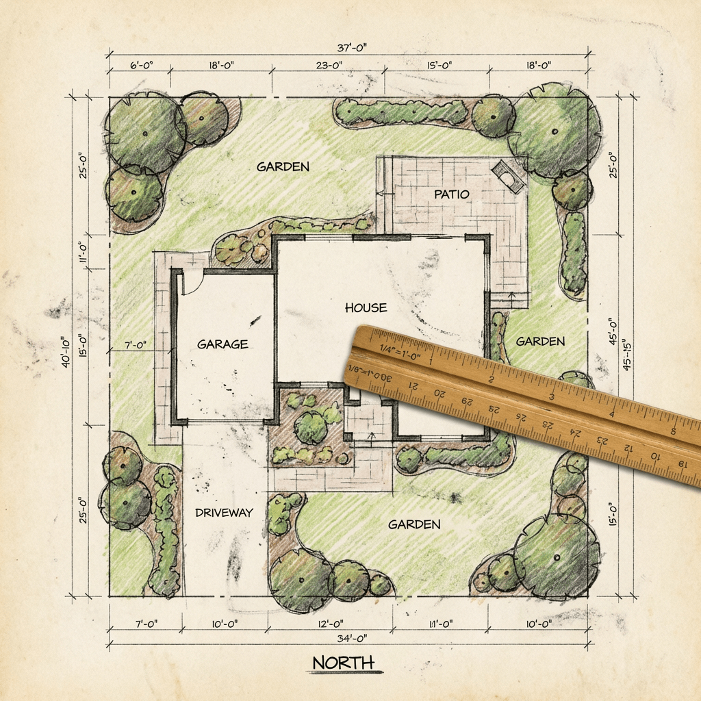 Architectural site plan sketch showing house, garage, driveway, patio, and garden with a wooden ruler.
