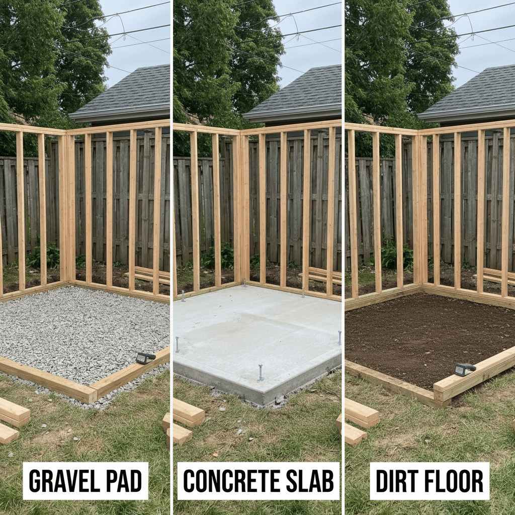 Comparison of gravel pad, concrete slab, and dirt floor foundations for a wooden shed frame.