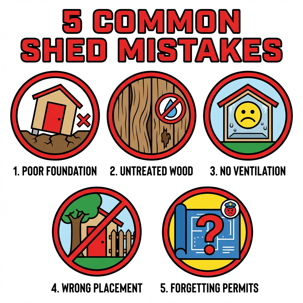 Infographic titled 5 COMMON SHED MISTAKES: 1. POOR FOUNDATION, 2. UNTREATED WOOD, 3. NO VENTILATION, 4. WRONG PLACEMENT, 5. FORGETTING PERMITS.